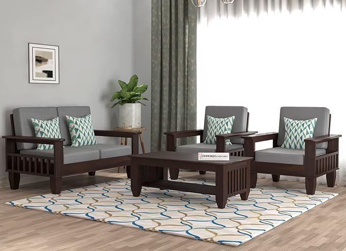 Image of Sheesham Wooden 4 Seater Sofa for Living Room | Rosewood 4 Seater Cushion Sofa with Side Newspaper Holder for Home & Office (-Walnut Finish,2+1+1 Seater)