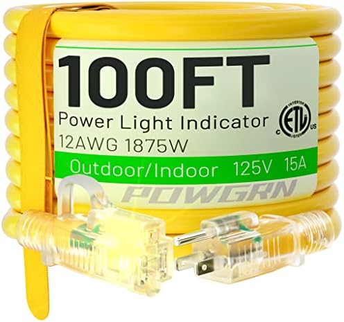 100 ft 12/3 Outdoor Extension Cord Waterproof Heavy Duty with Lighted Indicator End 12 Gauge 3 Prong, Flexible Cold-Resistant Long Power Cord Outside, 15Amp 1875W SJTW Yellow ETL Listed POWGRN