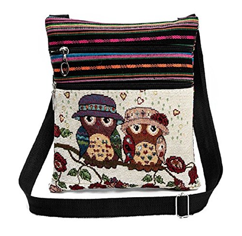 Sac à bandoulière plat - Sac à bandoulière en tissu - Sac de transport pour femme - Style ethnique brodé - Avec joli motif hibou - 2 compartiments intérieurs,...