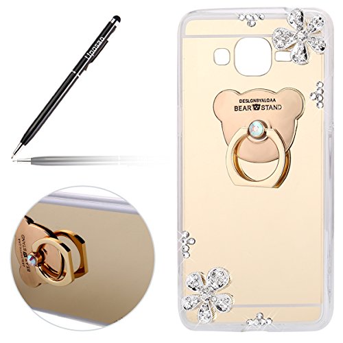 Miroir Coque Galaxy Grand Prime G530 Paillette Coque Silicone Étui Housse Bling Glitter Briller Diamant Effet Miroir Clear View Our Bague Support Téléphone Coque Etui pour Galaxy Grand Prime G530,Or