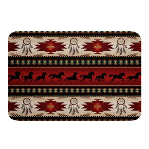Erosebridal Horse Door Mat Dream Catchers Bathroom Rugs for Cowboy Cowgirl,Southwestern Native Aztec Horses Rug Bohemian Tribe Kitchen Rugs 20"x32" Farmhouse Wildlife Rugs,Red