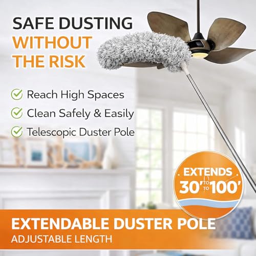 Image of Microfiber Feather Duster Fan Cleaner mop Bendable Head & Extendable Pole 100 Inch Extra-Long Fan Cleaning Duster, Washable Dust Cleaner for High Ceiling Fans, Window Blinds, Furniture & Cobwebs