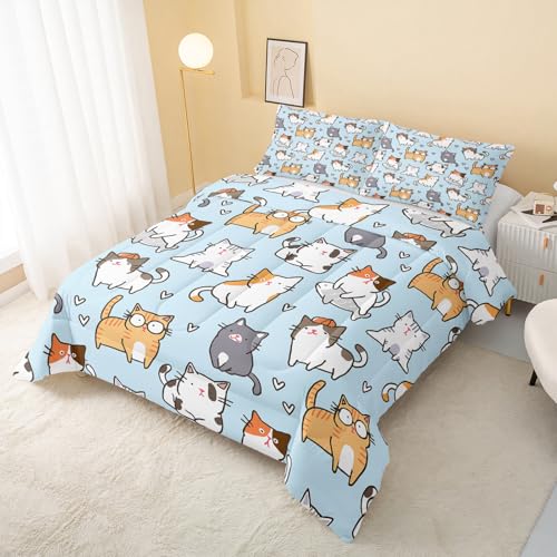 Image of QOOMO Cartoon Cat Kids Comforter Set, Cute Animals Print Bedding Set Twin Size for Room Decoration, Blue Soft Lightweight Bed Set All Season,1 Comforter Set 2 Pillowcases