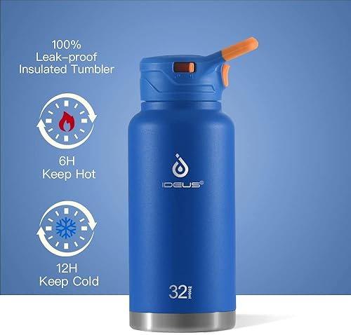 Miniatura 6 de Ideus Botella de agua aislada de acero inoxidable con popote y tapas de boca ancha, termo deportivo reutilizable de doble pared con 3 tapas a prueba