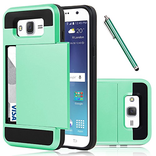 Galaxy J7 Case, EC™ Samsung Galaxy J7 Wallet Case, Flexible Shockproof Rubber Bumper Armor Hard Case Cover with Card Holder Slot for Samsung Galaxy J7 2015 / Samsung SM-J700 (Turquoise)