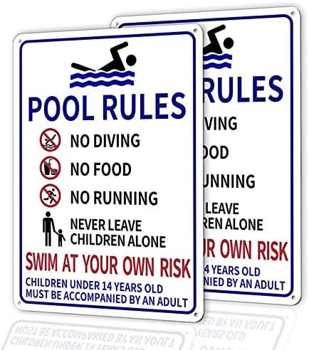 2-Pack Pool Rules Sign, 9.7"x13.85" Pool Signs Rust-Free 0.040 Aluminum and Fade-Resistant Printing with No Diving No Running Swim at Your Own Risk, Swimming Safety Pool Signs and Decor Outdoor