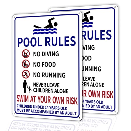 2-Pack Pool Rules Sign, 9.7"X13.85" Pool Signs Rust-Free 0.040 Aluminum And Fade-Resistant Printing With No Diving No Running Swim At Your Own Risk, Swimming Safety Pool Signs And Decor Outdoor #TOP25