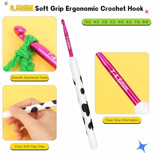 Image of Katech Ergonomic Crochet Hook, Aluminum Soft Grip Crochet Hooks for Beginners and Arthritic Hands, Soft Clay Crochet Needle with Cow Motif and Bead Chain-Ideal Gift for Crocheter (4.5mm)