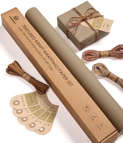 Vitalizart Kraft Geschenkpapier Rolle 43 cm x 5 m mit Schnur Bänder & Geschenkanhänger Extra Dick Braun All-in-One Set für Weihnachten Geburtstag Baby Dusche Hochzeit Geschenkverpackung