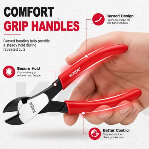 Image of KATA 7 inch High Leverage Diagonal Cutting Pliers, Heavy Duty Wire Cutters | Angled head sharp diagonal side cutters for soft wire, cable ties, copper wire, silver jewelry crafts and home repair tasks