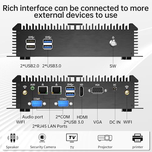 Image of Rugged Fanless Industrial Mini PC, Desktop Computer Core i7-5500U 2.4-3.0GHz, Win-10 Pro, 16G RAM, 512G SSD, 2xNICs, 2xCOM RS232, HDMI /VGA Port, 4xUSB3.0, WiFi, Auto Power On, Full Metal Case