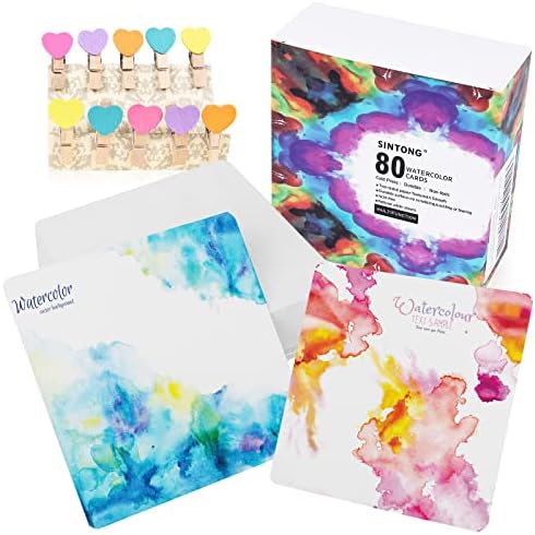 Sintong Watercolor Paper Cards, 80 Sheets of 300gsm/140 lb,100% Cotton Water Color Paper, with 10 Wood Clips in Box, Cold Pressed, Double-Side Textured Cardstock for Watercolor, Oil Pastel and More.