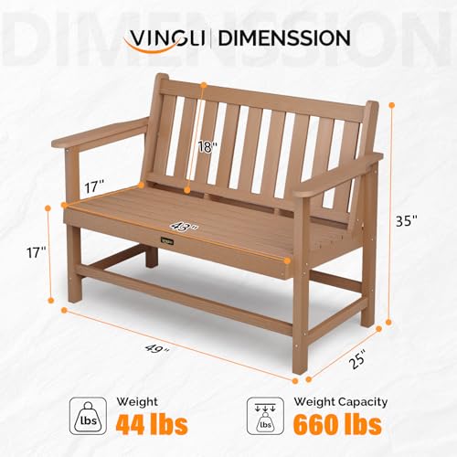 Image of VINGLI 49in HDPE Outdoor Bench with Backrest and Armrests, 2-Person Weatherproof Patio Bench, Heavy Duty 600 lbs Capacity, Low Maintenance Garden Benches for Porch Backyard Poolside Park (Teak)