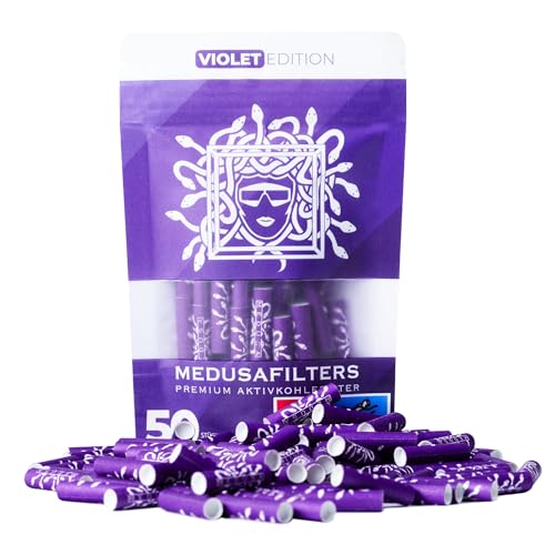 Medusafilters 50 Stück Aktivkohlefilter 6mm Slim Kokos-Aktivkohle mit neuen schmaleren Cellulose-Kappen 25 mm Made in Germany (Violet Edition)