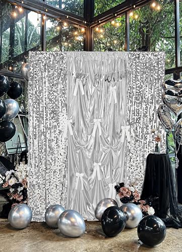 Image of Silver Easter Sequin Backdrop Curtain Drapes - 8.8x8ft 18MM Large Sequin Curtain Backdrop Panel Glitter Photo Background for DIY Birthday Party Photography Decorations