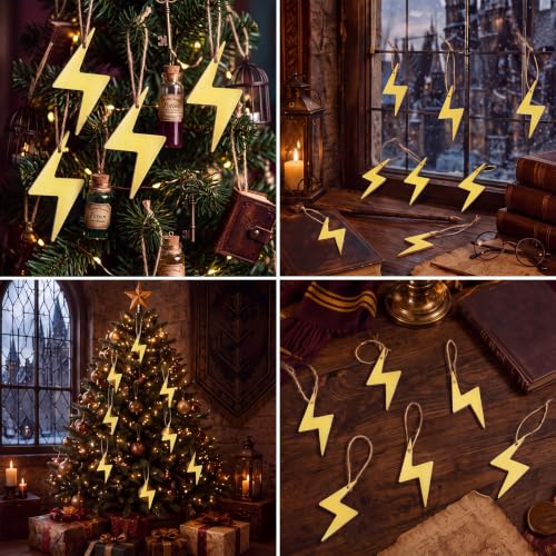 Image of Soulchen 12 Pcs Magical Wizard Party Decor Golden Lightning Bolts Hanging Christmas Ornament Witch Lightning Gifts Flash Thunder Vintage Wood Hanging Sign for Tree Room Home Birthday Party Supplies