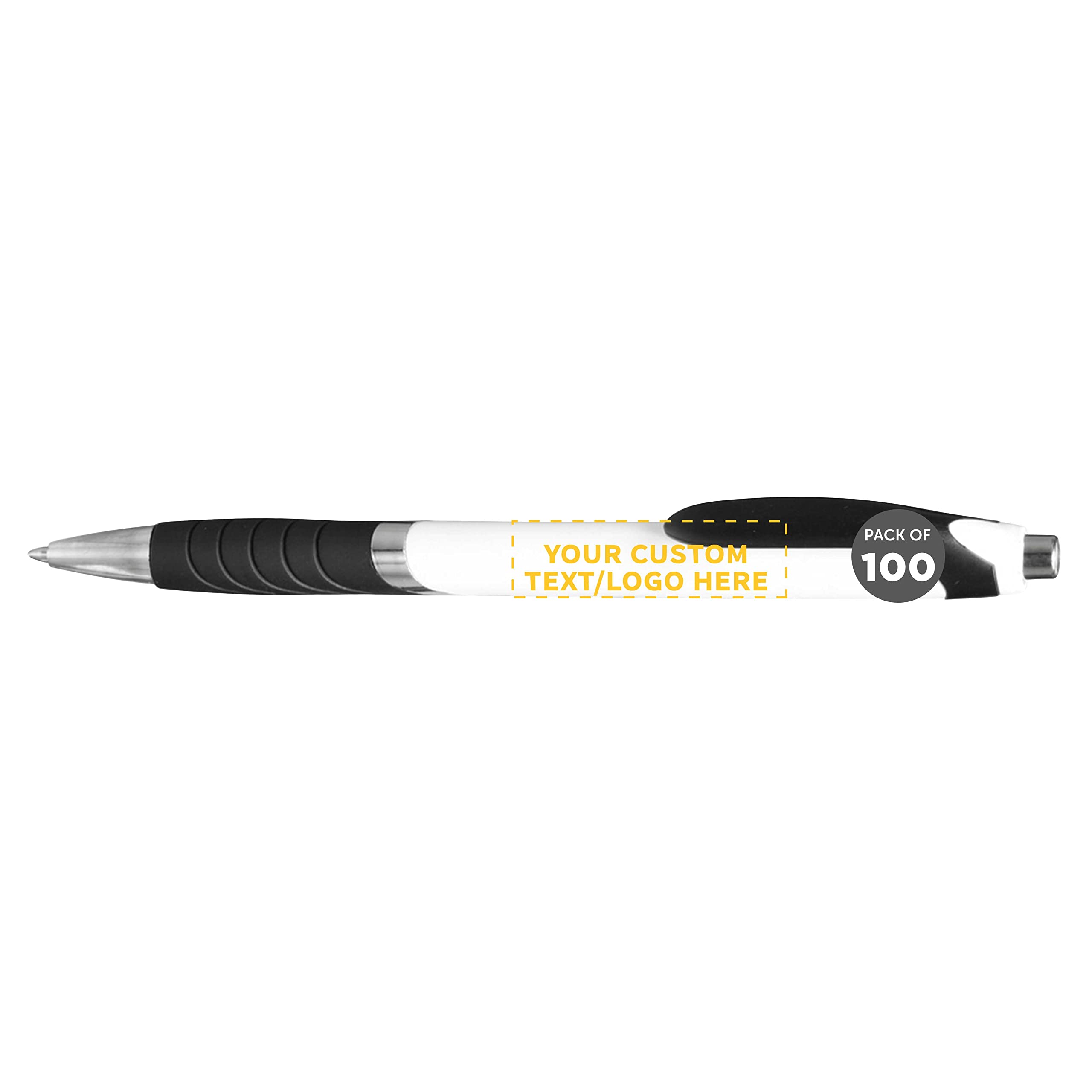DISCOUNT PROMOS Ballpoint Pens With Rubber Grip - 100 pack - Customizable Text, Logo - Black Ink Ball Point Pen with Soft Touch Plastic - White