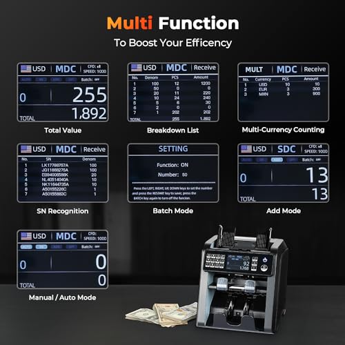 Image of MUNBYN IMC08 Dual Money Counter Machine Mixed Denomination with Reject Pocket, Value Counting, Counterfeit Detection 2 CIS /UV /MG /IR, Sort&Print Enabled Cash Counter, Mixed Bill Counter (Black)