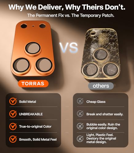 Image of TORRAS for iPhone 17 Pro Camera Lens Protector, [Metal Frame] with Military Grade 9H+ Tempered Glass, Full Coverage, Anti-Scratch, 12 FT Shatterproof, Case Friendly, One-Piece, Cosmic Orange, 1 Pack