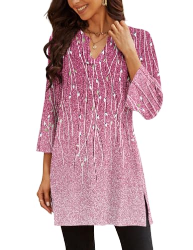 Image of Poetsky Womens Tunic Tops to Wear with Leggings Side Slit Floral Blouse Business Work 3/4 Length Sleeve Shirts Pink Gradient XL