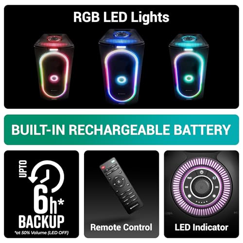 Image of ZEBRONICS ROXOR PRO Party Bluetooth Speaker, Dolby Audio, 120W, Upto 6h Battery, Karaoke, Bluetooth v5.4 | HDMI (ARC) | TWS | USB | Mic /GT Input | Aux, RGB LED, Dual 6.5 inch Drivers,Wireless Mic