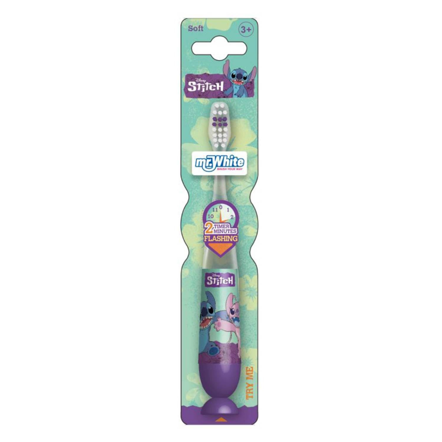 Disney Stitch Flashing Toothbrush for Kids with 2 Minute Flashing Light, Comfortable Handle Grip, Soft Rounded Bristles and Suction Cup for Upright Storage for Children Ages 3+