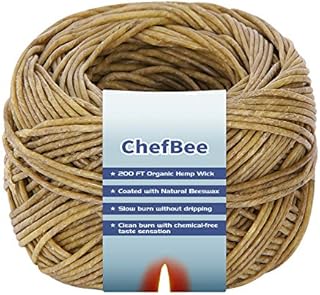 CHEFBEE 200 FT 100% Organic Hemp Wick, Hemp Wick Well Coated Natural Beeswax for Hemp Wick Lighter or Candle Making, Slow Burn, No Dripping, Standard Size(1.1mm)