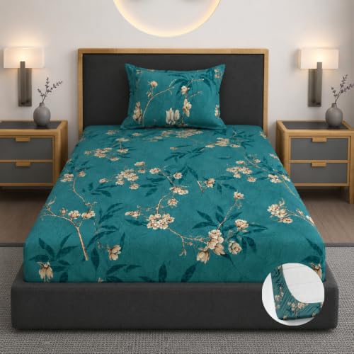 Image of Vaini Premium Heavy Cotton Elastic Fitted Bedsheets with 1 King Size Pillow Covers || Single Bed with All Around Elastic 350 TC || 36 x 78 x 6 Inch Single Size Fitted || :- Green Flower