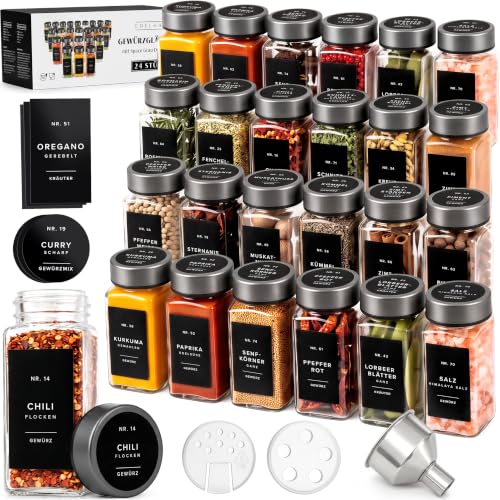 EDELHAUS Gewürzgläser Eckig Set 24x120ml Space Gray Edelstahl 240 Etiketten – Ansicht 1