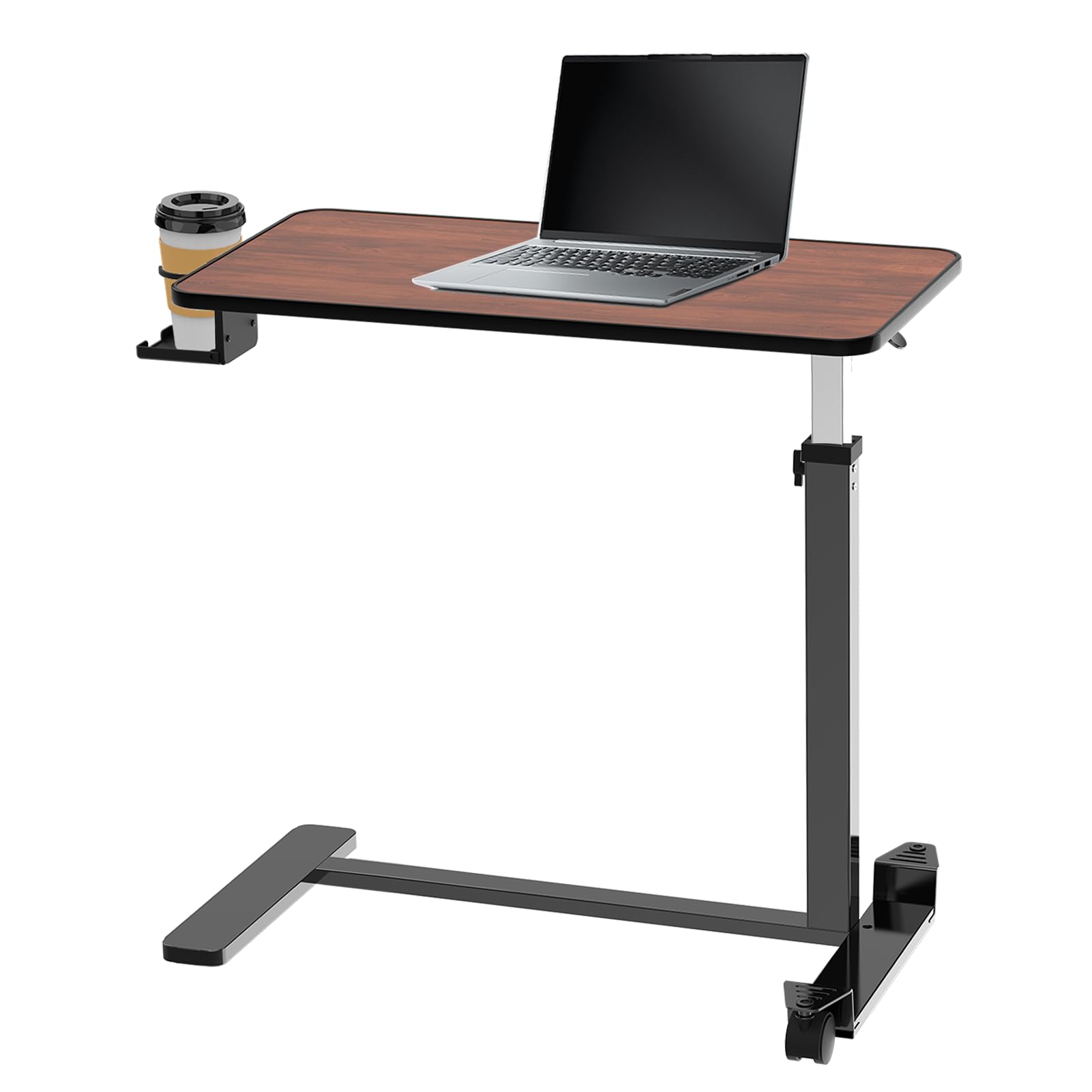 Adjustable Overbed Table with Invisible Casters and Lockable Casters ?Bedside Table with Cup Holder?Standing Desk for Medical or Home use Rosewood Color?30.3" W x 15.3" D?