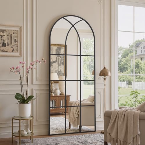 Image of Arched Window pane Full Length Mirror 24 inchx65 inch, Full Body Standing Mirror, Window Shaped Farmhouse Style with Aluminum Frame, Decor Wall Mirrors for Living Room, Courtyard, Bedroom, Entryway, Black