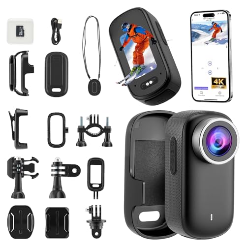4K Action Kamera Mini Bodycam mit 180 Drehbarem Bildschirm Magnetische Freihändig POV Kamera mit 64GB Karte 30m Wasserdichte Unterwasserkamera für Radfahren Motorrad Helm Pet Vlogging (Schwarz)