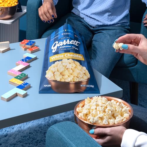 Garrett Popcorn White Cheddar, 5.0oz, 4 Bags, White Cheddar Gourmet Popcorn, Gluten Free, Savory Snack, Popped Popcorn Bags