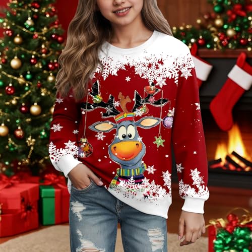 Girls Christmas Sweatshirt Kids Funny Ugly Print Shirt Xmas Long Sleeve Crewneck Sweater Tops Christmas Outfit 2-14 Years2