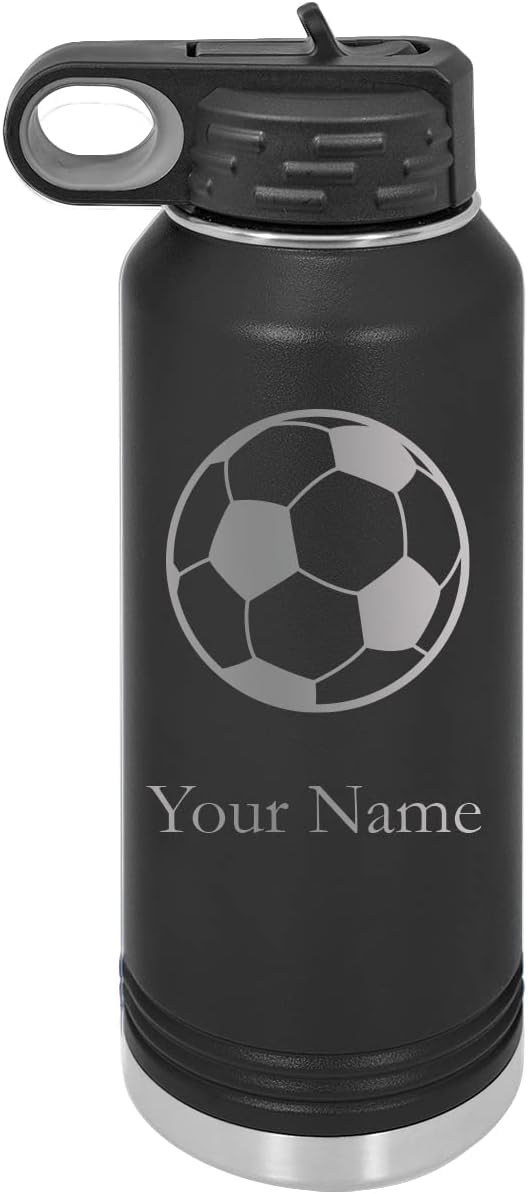 Soccer Personalized Custom Engraved Double Wall Vacuum Hot/Cold Drinks Insulated Stainless Steel Boys/Girls Sports Team Water Bottle with Flip Top Lid, Straw