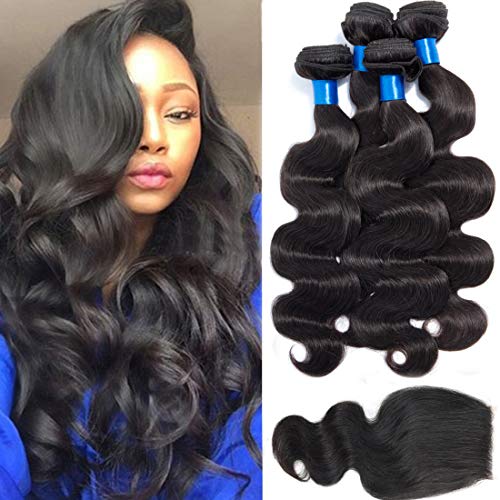 CRANBERRY Hair Brazilian Virgin Hair 4 bundles With Closure Body Wave Free Part 100% Unprocessed Human Hair Bundles Weave Weft with Lace Closure Natural Color(20 22 24 26+18 Closure, Free Part)