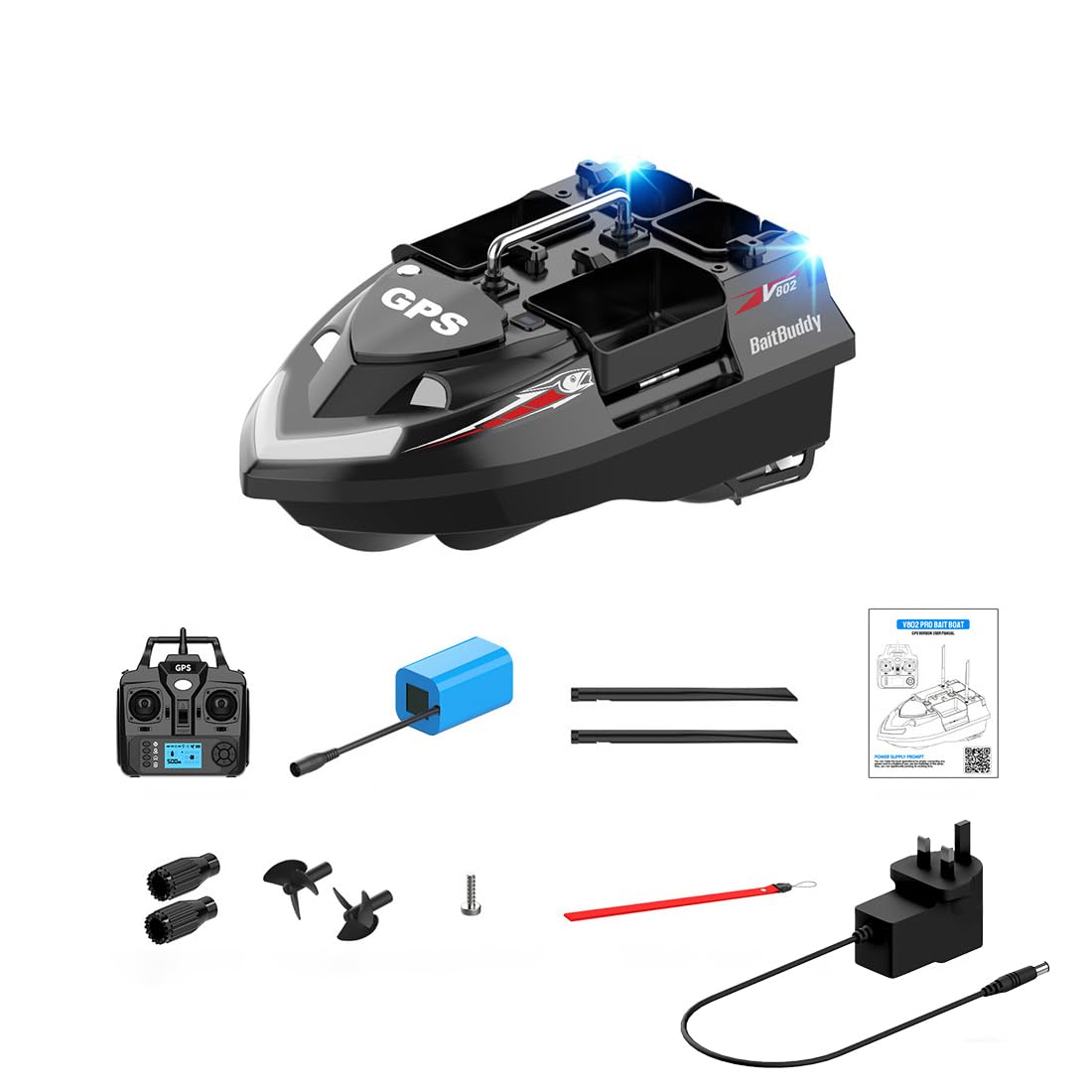 Torquino Advanced GPS RC Bait Boat, V802PRO High-Efficiency RC Fishing Boat with 4 Compartments, 3KG Large Capacity, Led Light, One-key Return, Gift for Fishing Lovers