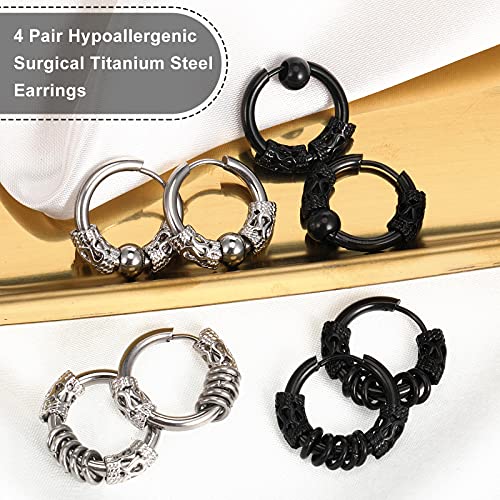 Junkin 4 Pairs 14mm Men Hoop Earrings Huggie Hinged Hoop Earrings Stainless Steel Circle Beads Earrings for Men Women, Black, Silver4