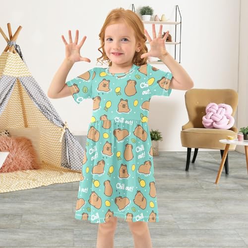 Cute Capybara Simple Lemons Summer Girls Short Sleeve Dress Casual Dresses Beach Sundress for 2-8 Years4