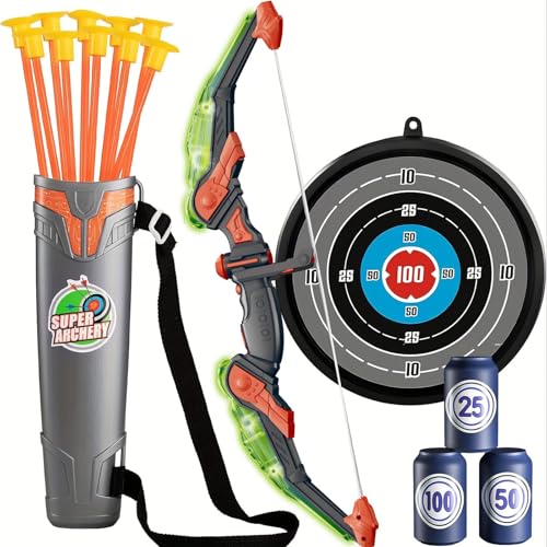 Beauenty Conthfut Bow and Arrow for Kids with LED Flash Lights - Archery Bow with 10 Suction Cups Arrows Target and Quiver Practice Outdoor Toys for Children Above 3-12 Years Old Green (10 arrows)