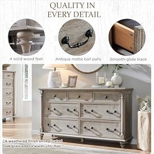 T4tream farmhouse 7 drawers dresser chests for bedroom w 4 column solid wood feet tall wide wood country rustic chest of drawers storage dressers for bedroom living room light rustic oak  urban country home decor