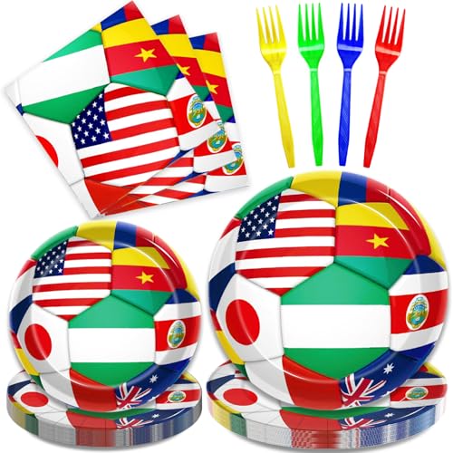 96Pcs World Cup Party Tableware Set 2026 Soccer Ball Party Decorations Soccer Sports Events Festivals Supplies for International World Flags Disposable Paper Plates Napkins Forks Favors Serve 24