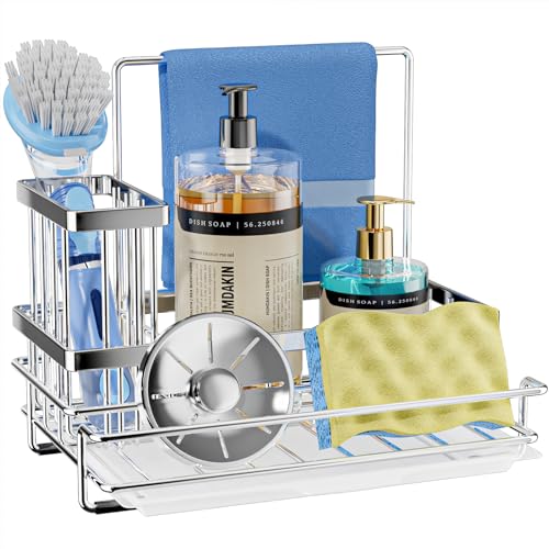 SWTYMIKI Kitchen Sink Caddy - All-in-One Kitchen Sink Organiser Sink Tidy Caddy with Detachable Brush and Sponge Holders, Caddy organiser with Drain Tray, Silver