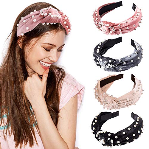 Women Headband With Faux Pearls Velvet Wide Knot Turban Vintage Hairband Elastic Hair Hoops Fashion Hair Accessories for Women and Girls H2 (4 Color Pack B)
