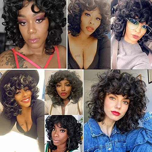 PORSMEER Black Curly Wigs for Women Synthetic Hair Natural Loose Curly Afro Kinky Medium Wavy Bob Wig Black Women for Costume or Daily Wear - Image 2
