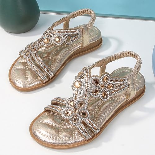 Girls Bohemian Crystal Flats Rhinestone Flat Sandals Kids Glitter Open Toe Elastic Ankle Strap Summer Beach Sandal3