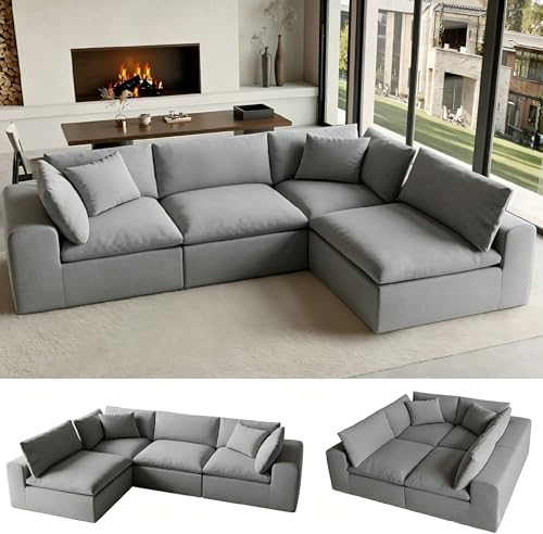Image of Domiqut 130" Oversized Cloud Couch, Modular L Shaped Sectional Sofa with Deep Seats, High Density Foam No Sag Support, No Assembly Required 4 Seater Washable Fabric Couch for Living Room, Light Grey