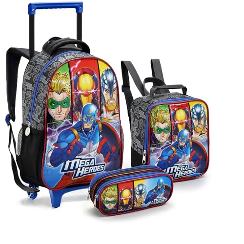 Kit Escolar Infantil Mochila Com Lancheira Térmica e Estojo Mega Heroes Para Menino
