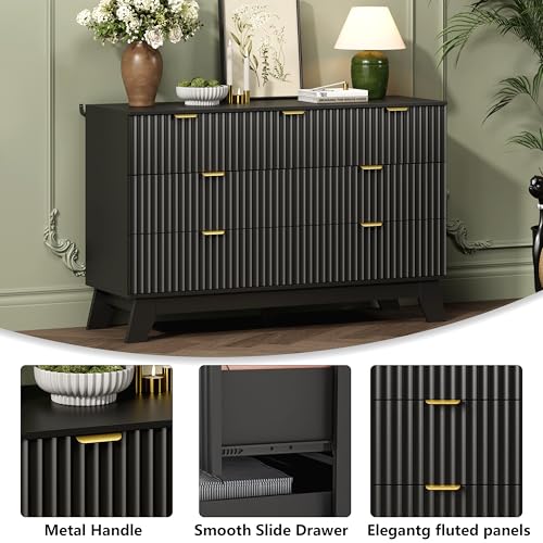 Image of Wodeer 7 Drawer Fluted Dresser for Bedroom, Mid Century Modern Dresser with 7 Drawers, Dressers & Chests of Drawers with Metal Handle, TV Stand & Storage Organizer for Entryway, Hallway, Black