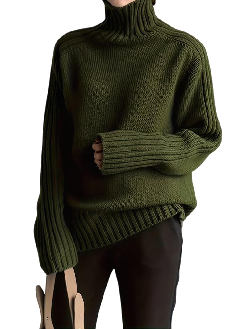 Womens Ribbed Turtleneck Sweater Olive Green Oversized Knit Pullover Long Sleeve